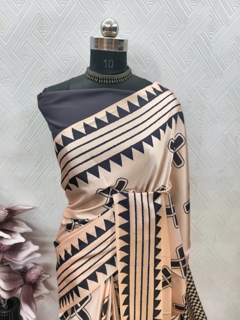 Ajrakh Polka Dot Striped Model Silk Saree with Digital Print Blouse