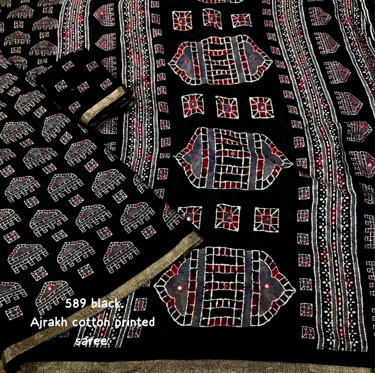 Zari Border & Aari Mirror Work Black Ajrakh Cotton Saree With Running Blouse