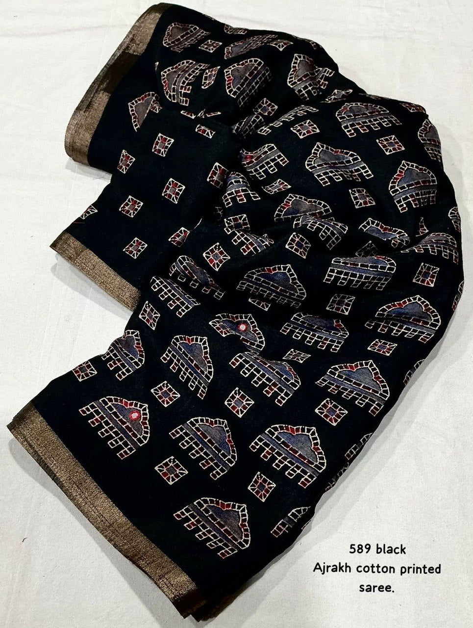 Zari Border & Aari Mirror Work Black Ajrakh Cotton Saree With Running Blouse
