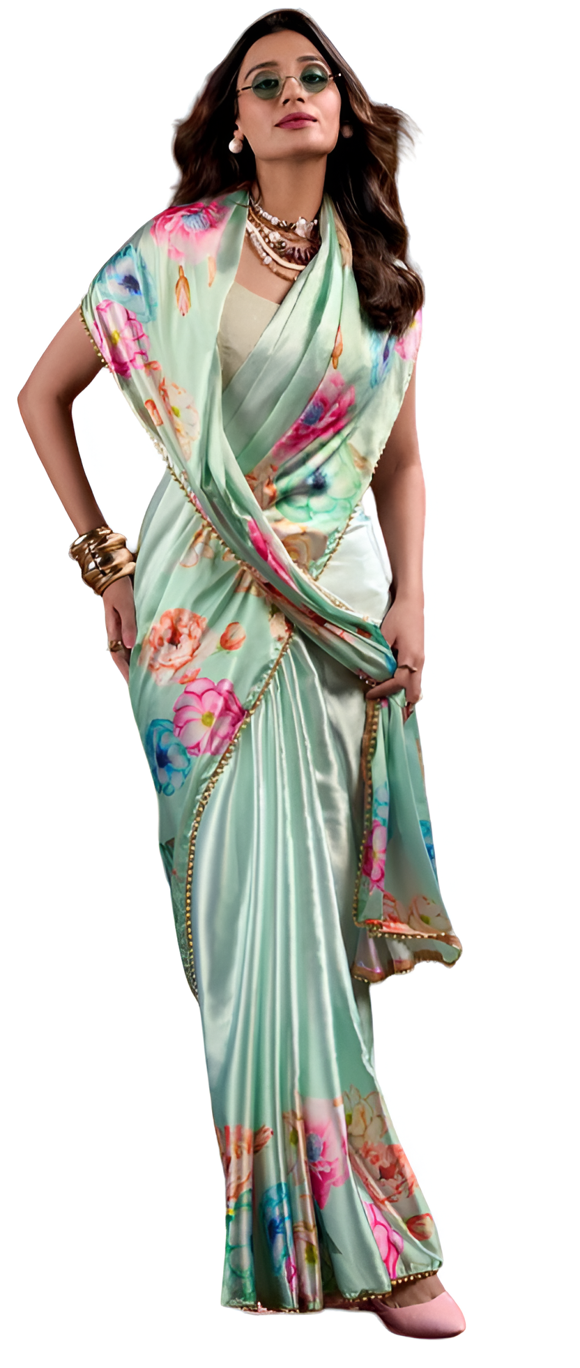 Pearl-Edged Floral Satin Saree with Elegant Pearl Lace Border