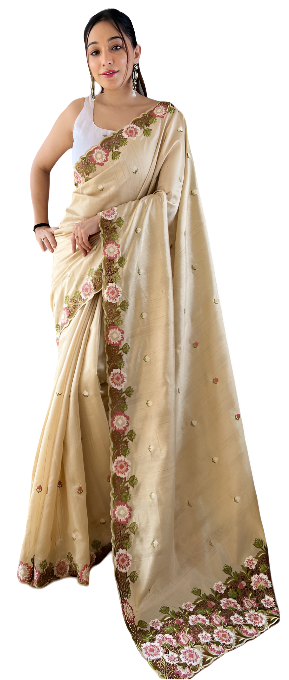 Pure Matka Silk Saree with Embroidered Buttis & Cutwork Pallu