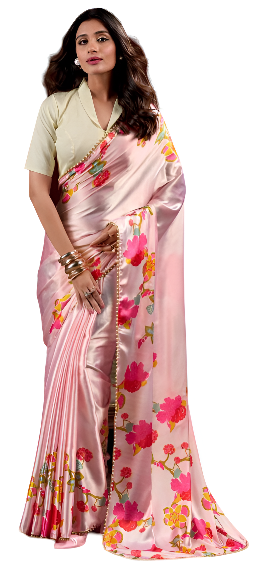 Pearl-Edged Floral Satin Saree with Elegant Pearl Lace Border