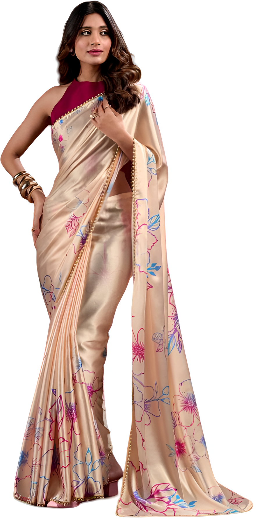 Pearl-Edged Floral Satin Saree with Elegant Pearl Lace Border