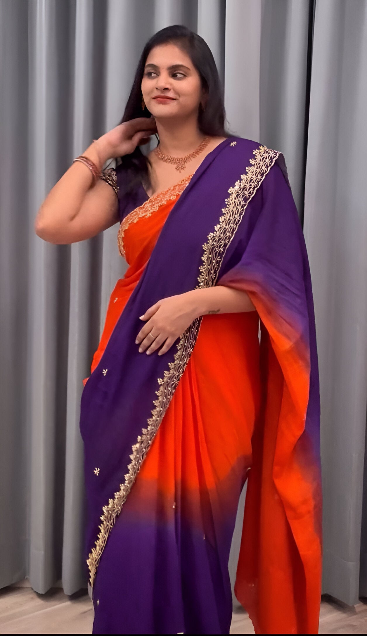 Heavy Embroidery Sequence Jari Work Soft Hand-Dyed Chinnon Silk Saree with Blouse