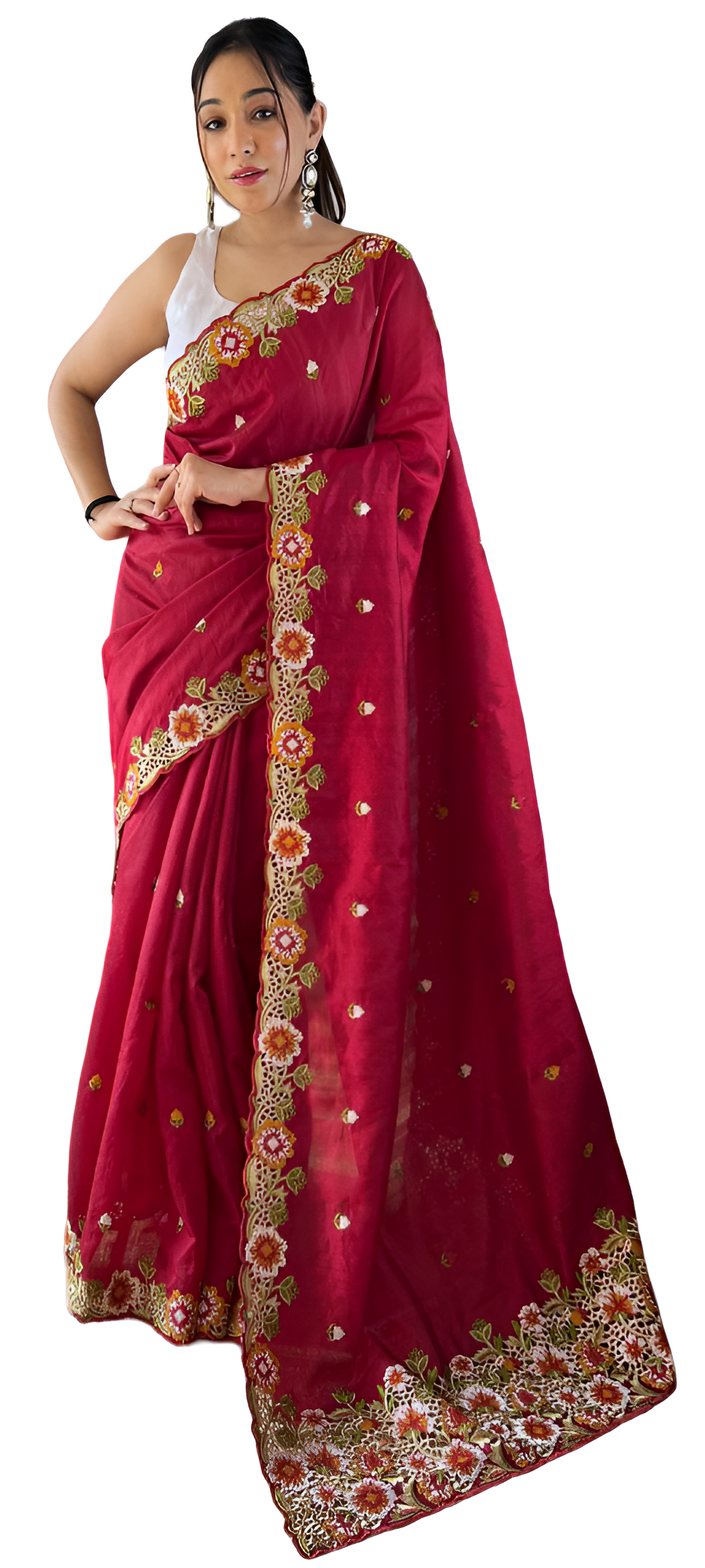 Pure Matka Silk Saree with Embroidered Buttis & Cutwork Pallu