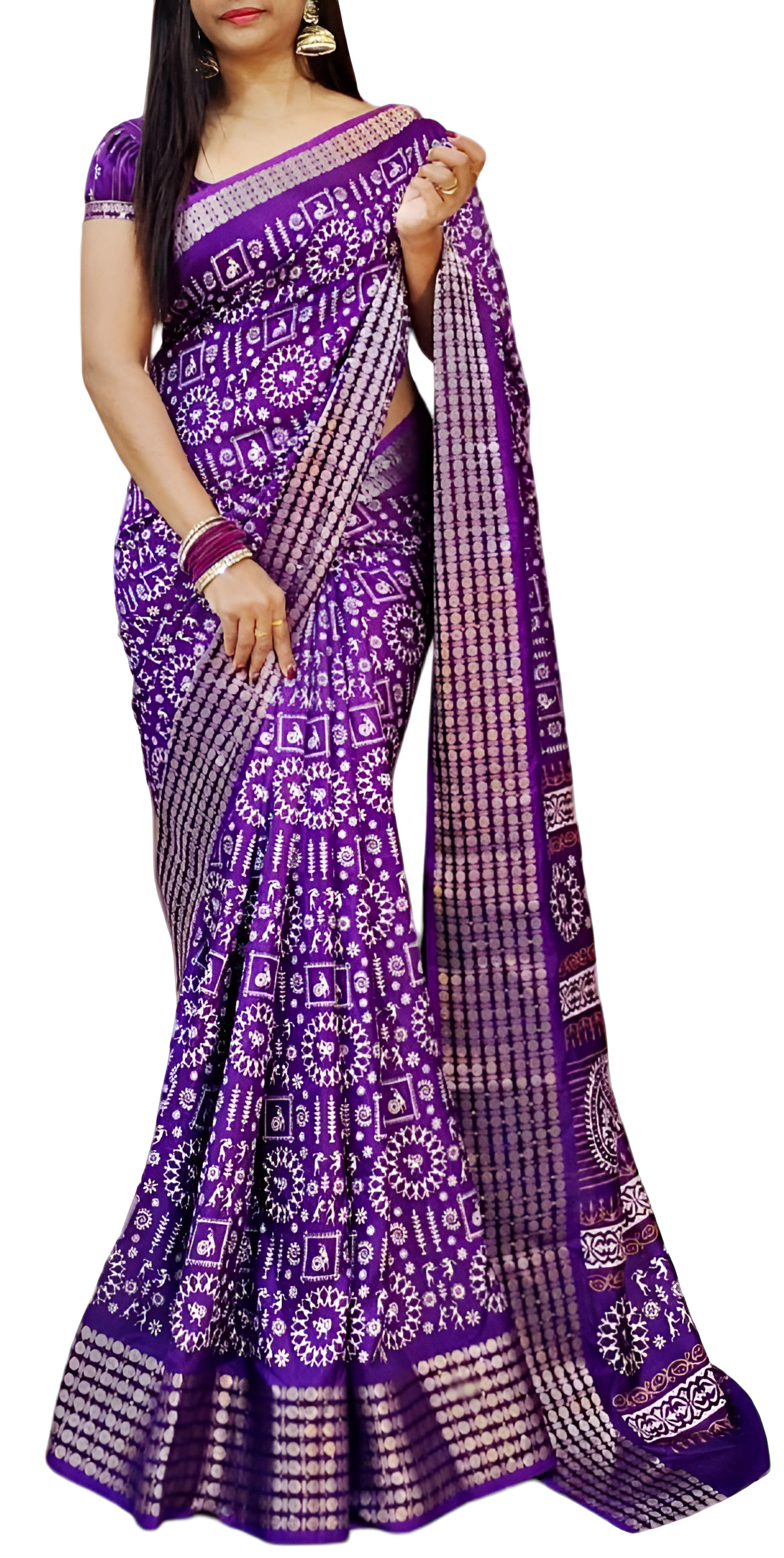 "Women's Beautiful Zari Bentex Border Worli Kalamkari Printed Soft Cotton Crape Saree with Blouse