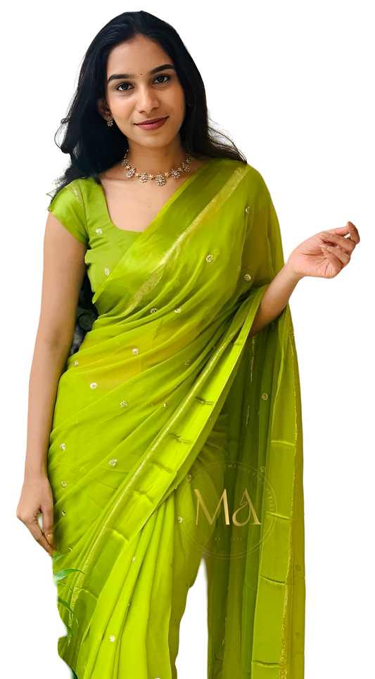 Pure Viscose Georgette Saree with Fancy Leaf Sequins & Satin Patta Border