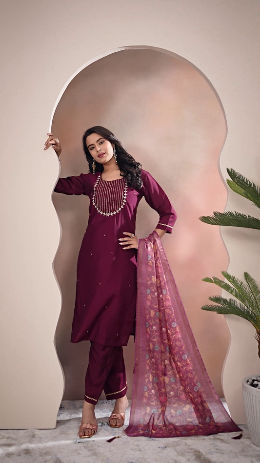 Handwork Silk Kurta Suit with Digital Printed Dupatta