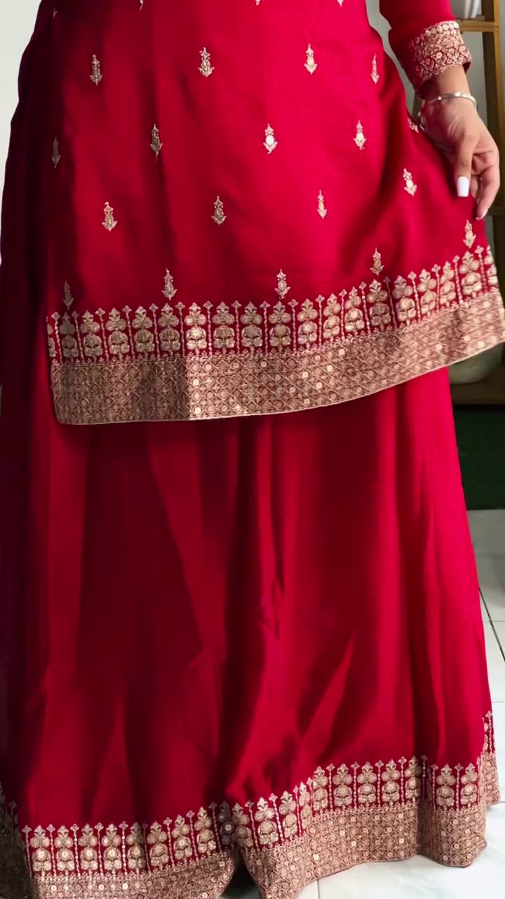 Designer Chinon Silk Embroidered Kurta Top with Palazzo and Dupatta Set