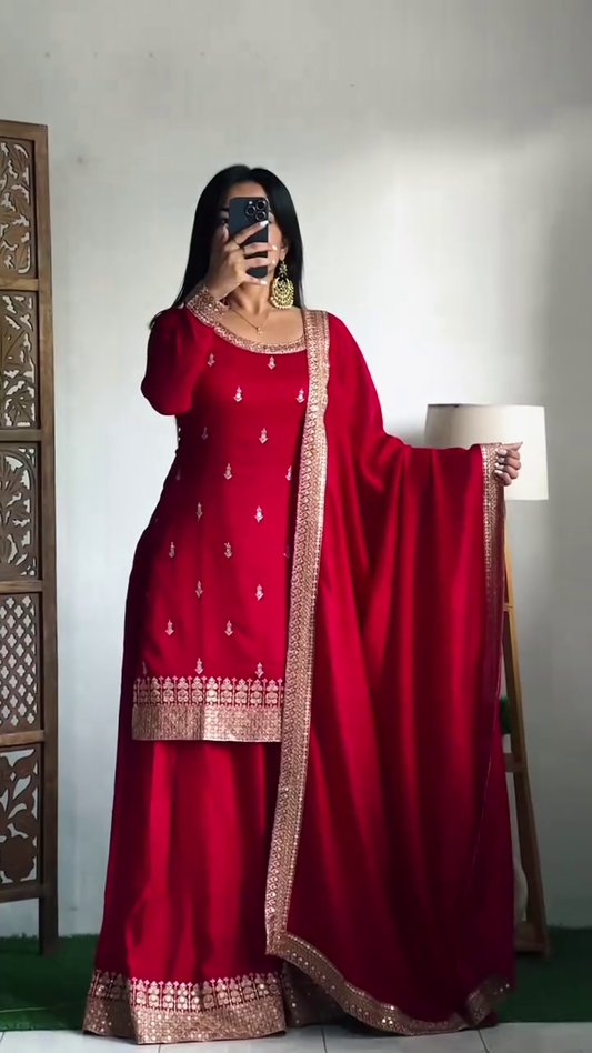 Designer Chinon Silk Embroidered Kurta Top with Palazzo and Dupatta Set