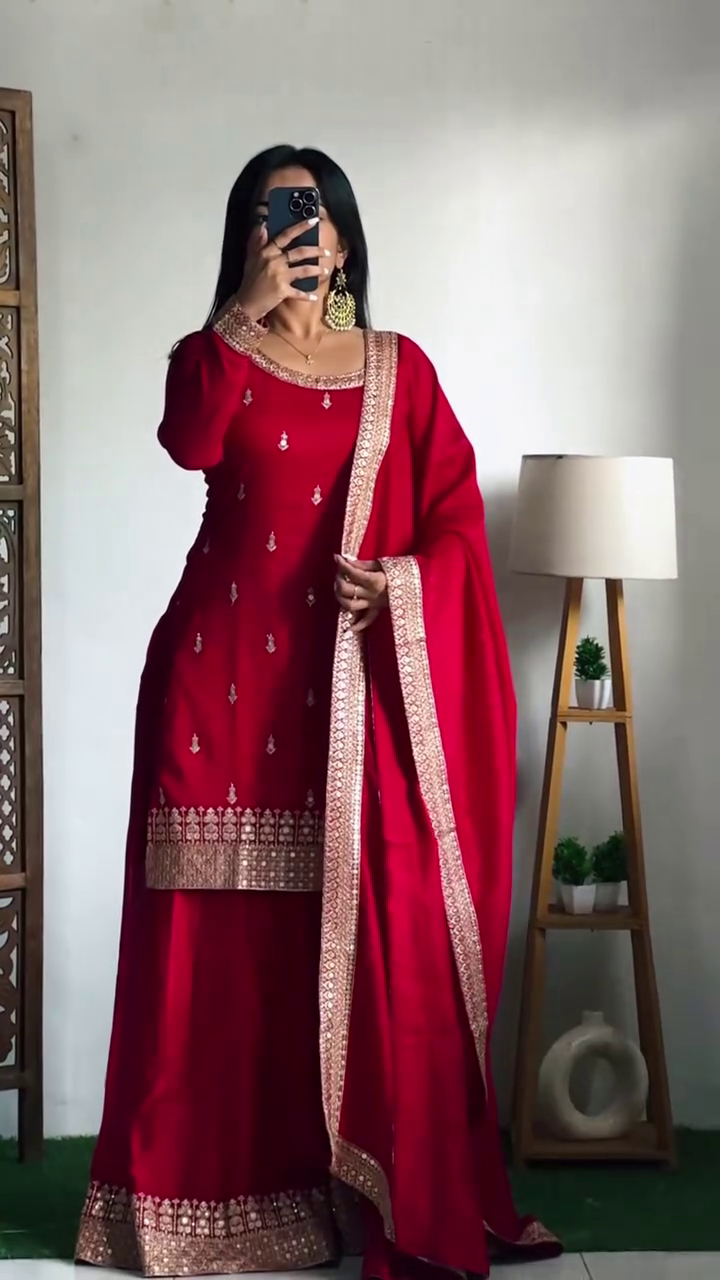 Designer Chinon Silk Embroidered Kurta Top with Palazzo and Dupatta Set